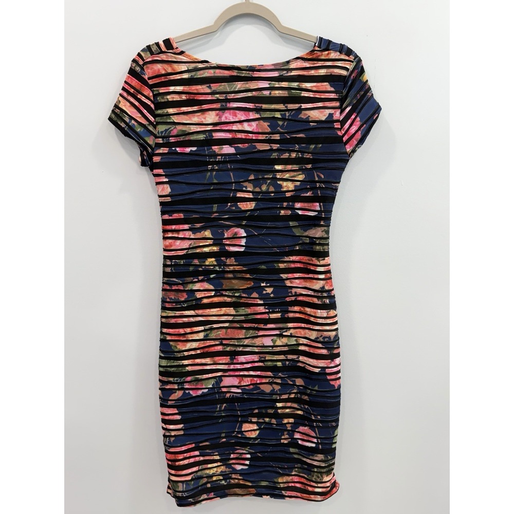 Joseph Ribkoff 6 Abstract Floral Stripe Ruched Draped Dress Short Sleeve V-Neck - Picture 2 of 9